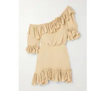 Off-the-shoulder Ruffled Silk-crepon Mini Dress - Neutrals