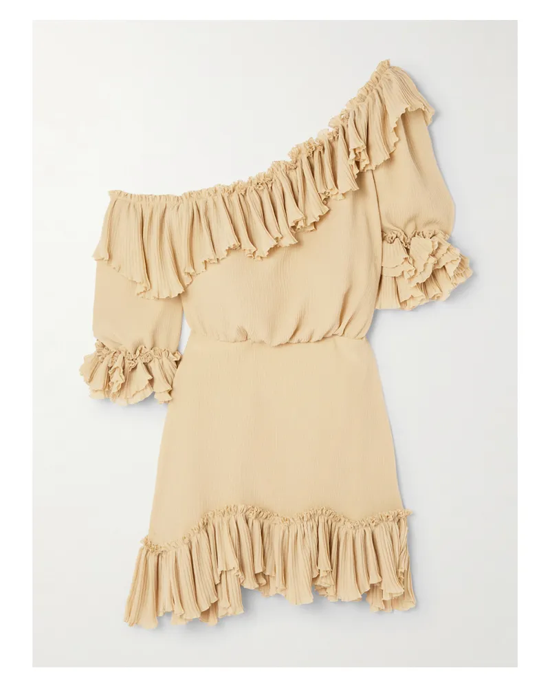 Saint Laurent Off-the-shoulder Ruffled Silk-crepon Mini Dress - Neutrals Neutrals