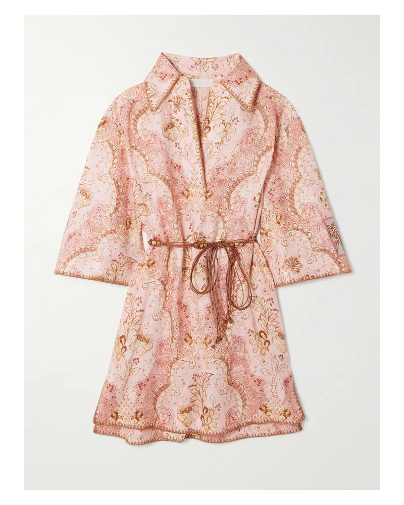 Zimmermann Daylight Minikleid Aus Bedrucktem Leinen Mit Bindegürtel - Pink Pink