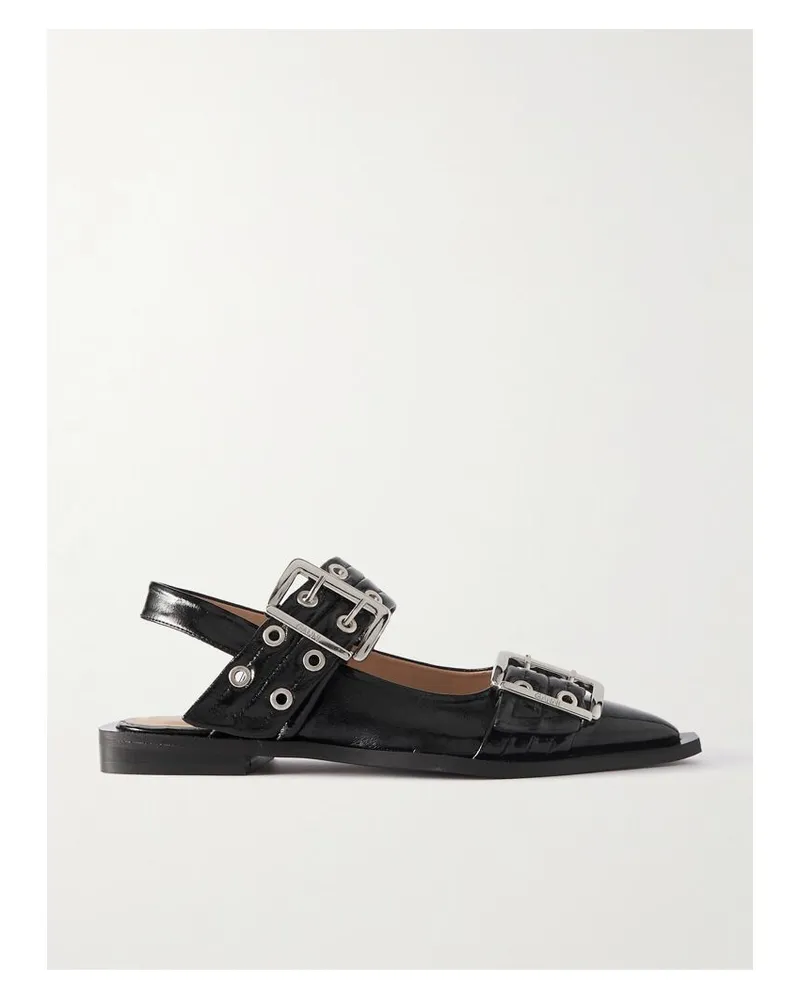 Ganni Net Sustain Flache Slingback-schuhe Aus Recyceltem Lacklederimitat Mit Schnallen Und Ösen - Schwarz Schwarz