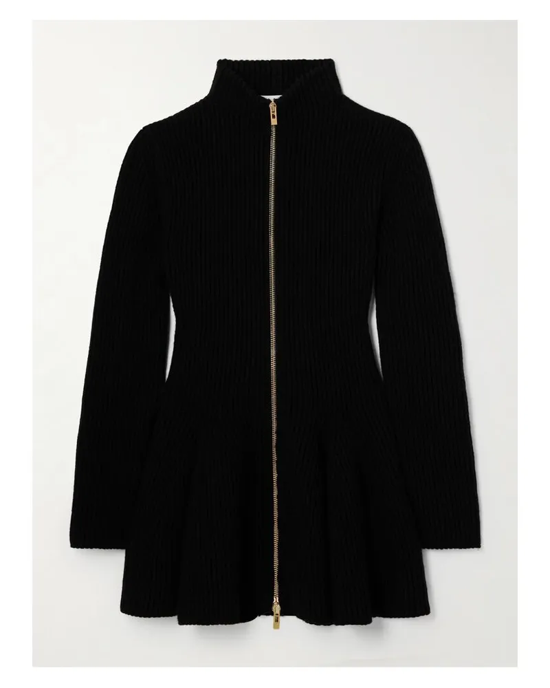 Alaïa Cardigan Aus Einer Gerippten Woll-kaschmirmischung Mit Schößchen - Schwarz Schwarz