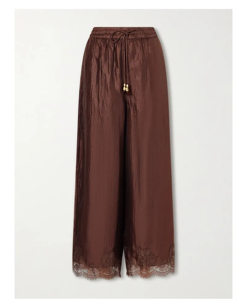 Aje. Lace Trimmed Crinkled Satin Wide-leg Pants - Brown Brown