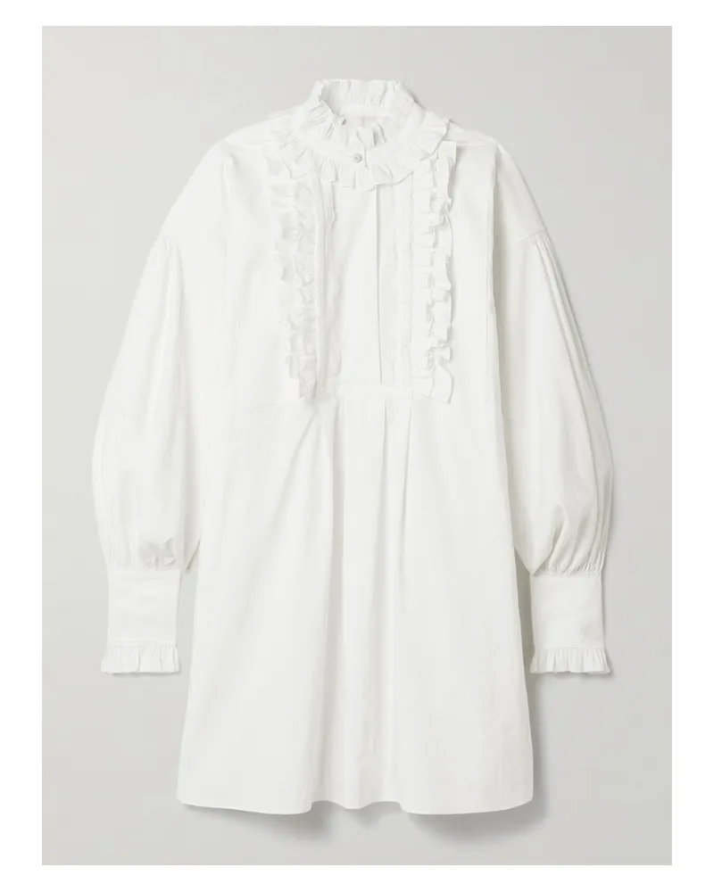 Valentino Garavani Mini-hemdblusenkleid Aus Einer Mischung Aus Baumwolle, Leinen Und Seide Mit Spitzenbesätzen Und Rüschen - Weiß Weiß
