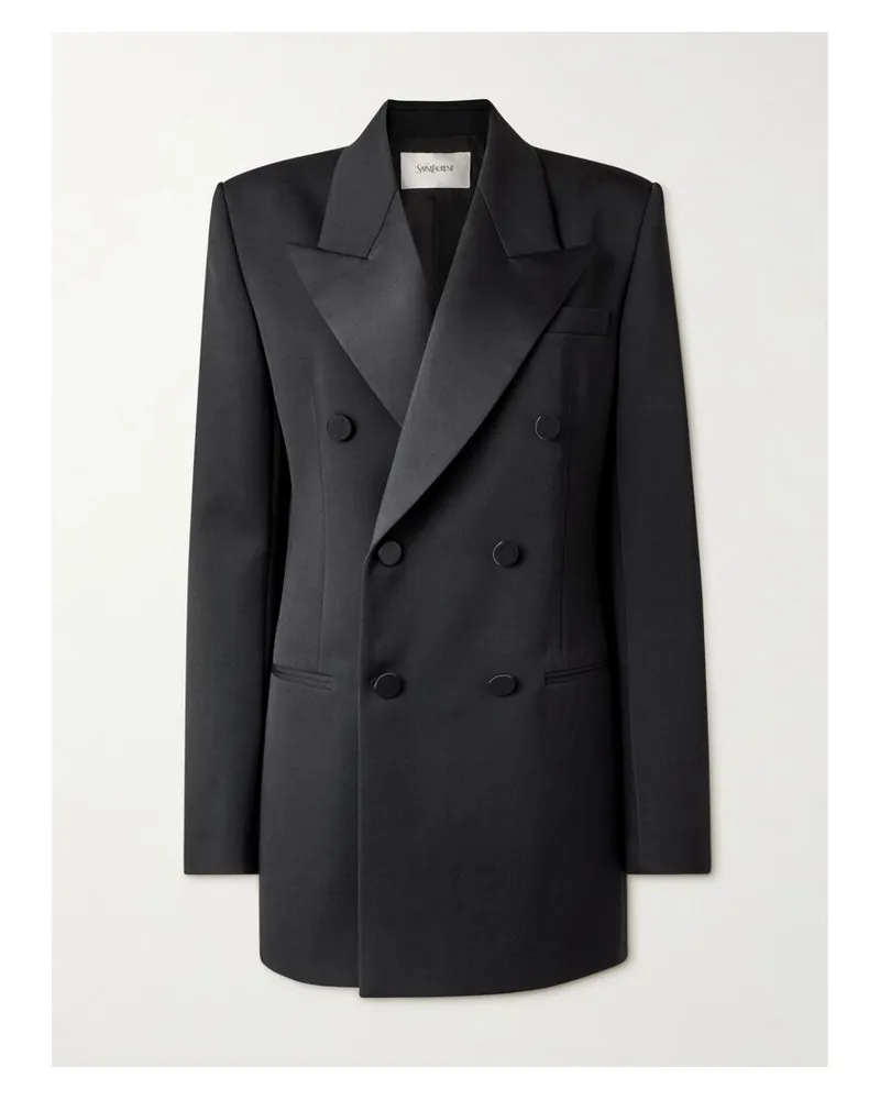 Saint Laurent Doppelreihiger Blazer Aus Grain De Poudre Aus Wolle Mit Satinbesätzen - Schwarz Schwarz