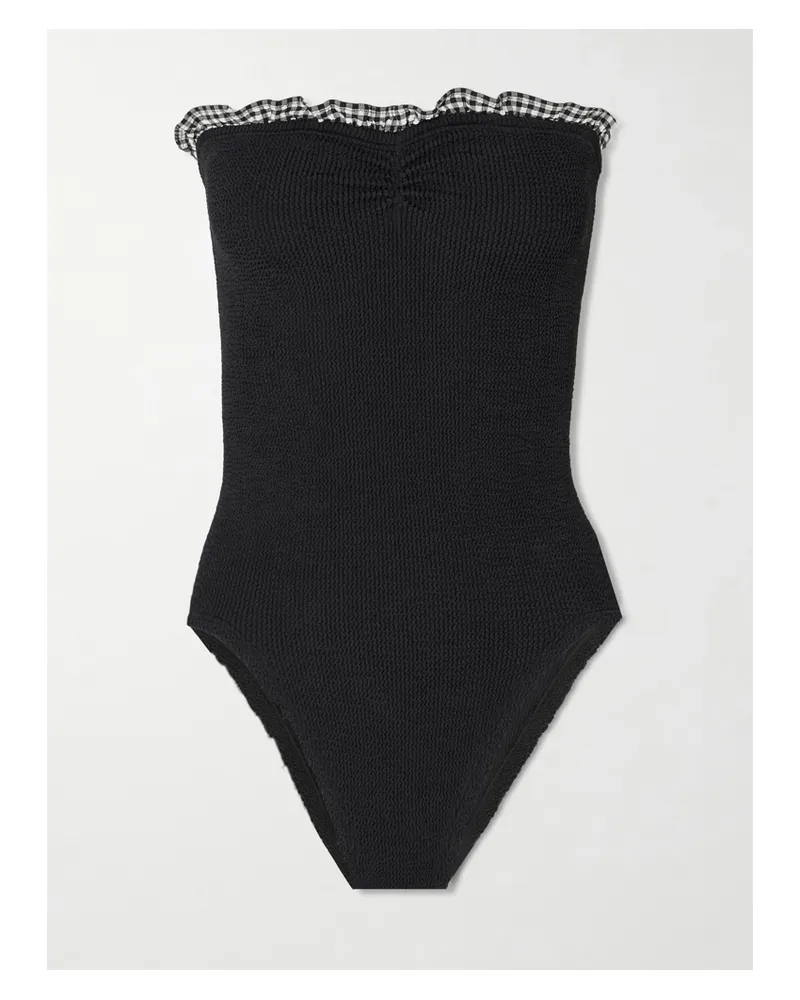 Hunza G Dolly Trägerloser Badeanzug Aus Seersucker Mit Gingham-karo Und Volant - Schwarz Schwarz