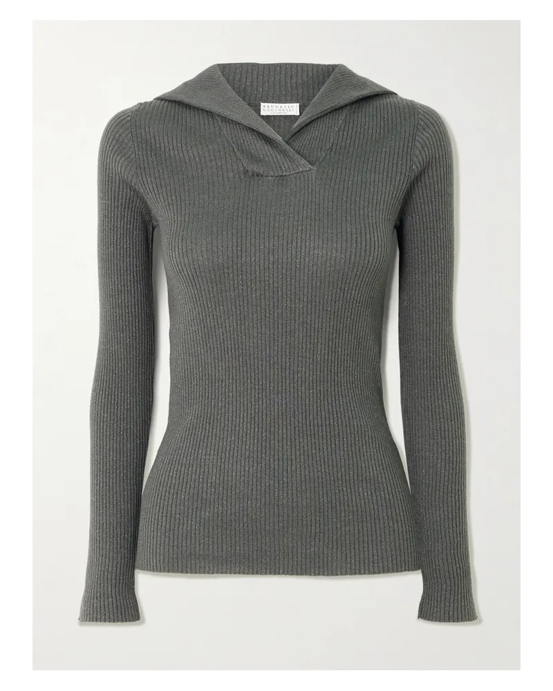 Brunello Cucinelli Ribbed Metallic Cashmere And Silk-blend Top - Gray Gray