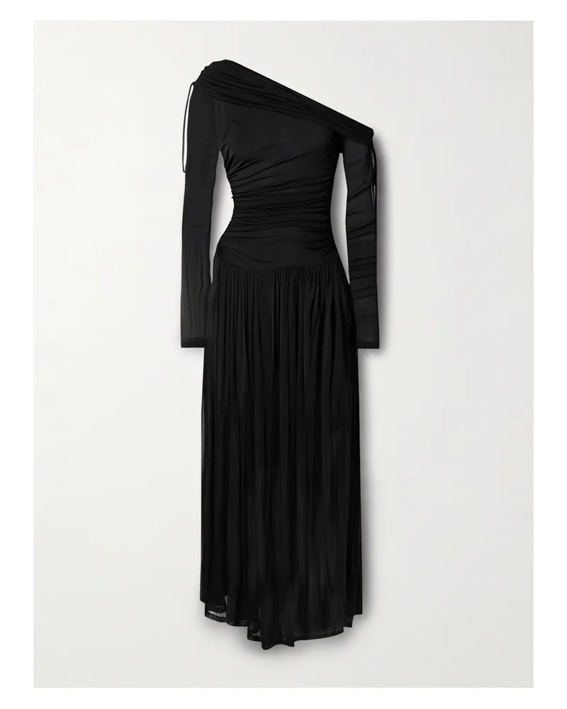 Zimmermann Crush Schulterfreies Maxikleid Aus Stretch-mesh Mit Raffungen Zum Binden - Schwarz Schwarz