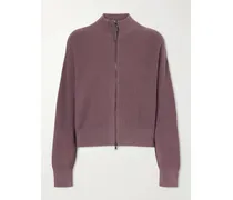 Ribbed Cotton Zip-up Turtleneck Cardigan - Burgundy