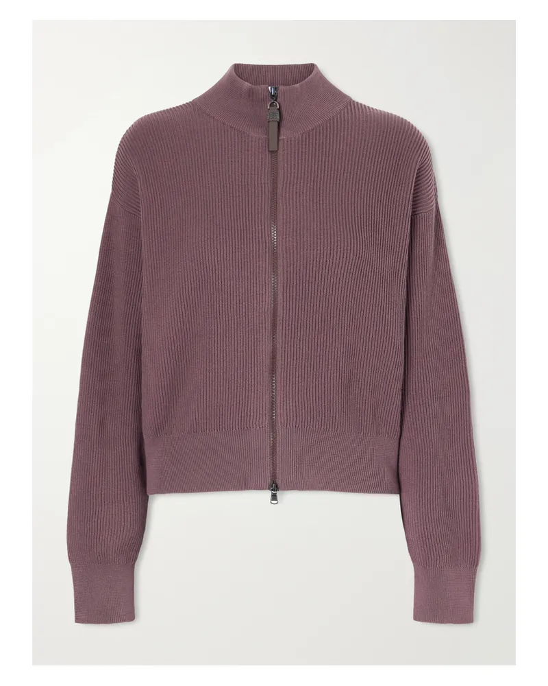 Brunello Cucinelli Ribbed Cotton Zip-up Turtleneck Cardigan - Burgundy Burgundy