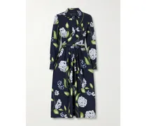 Wrap-effect Floral-print Cotton-blend Poplin Shirt Dress - Blue