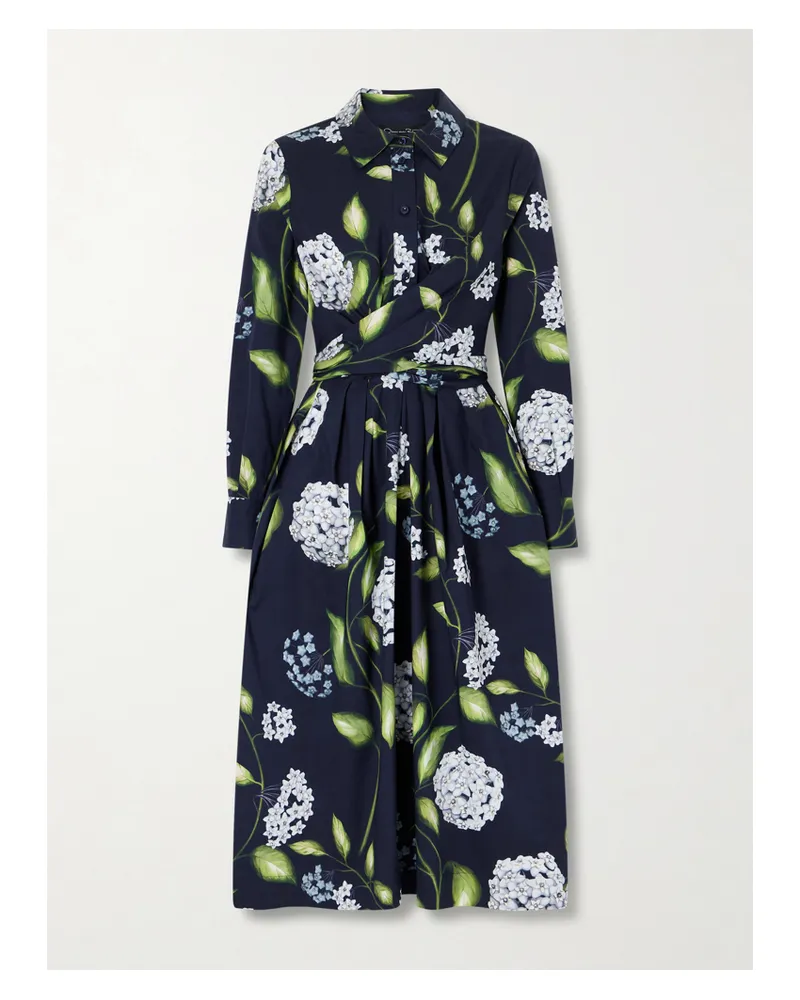 Oscar de la Renta Wrap-effect Floral-print Cotton-blend Poplin Shirt Dress - Blue Blue