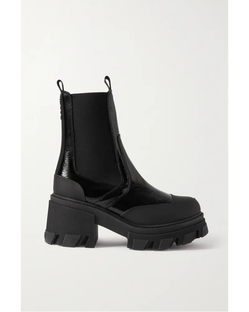 Ganni Chelsea Boots aus Lackleder mit Plateau Schwarz