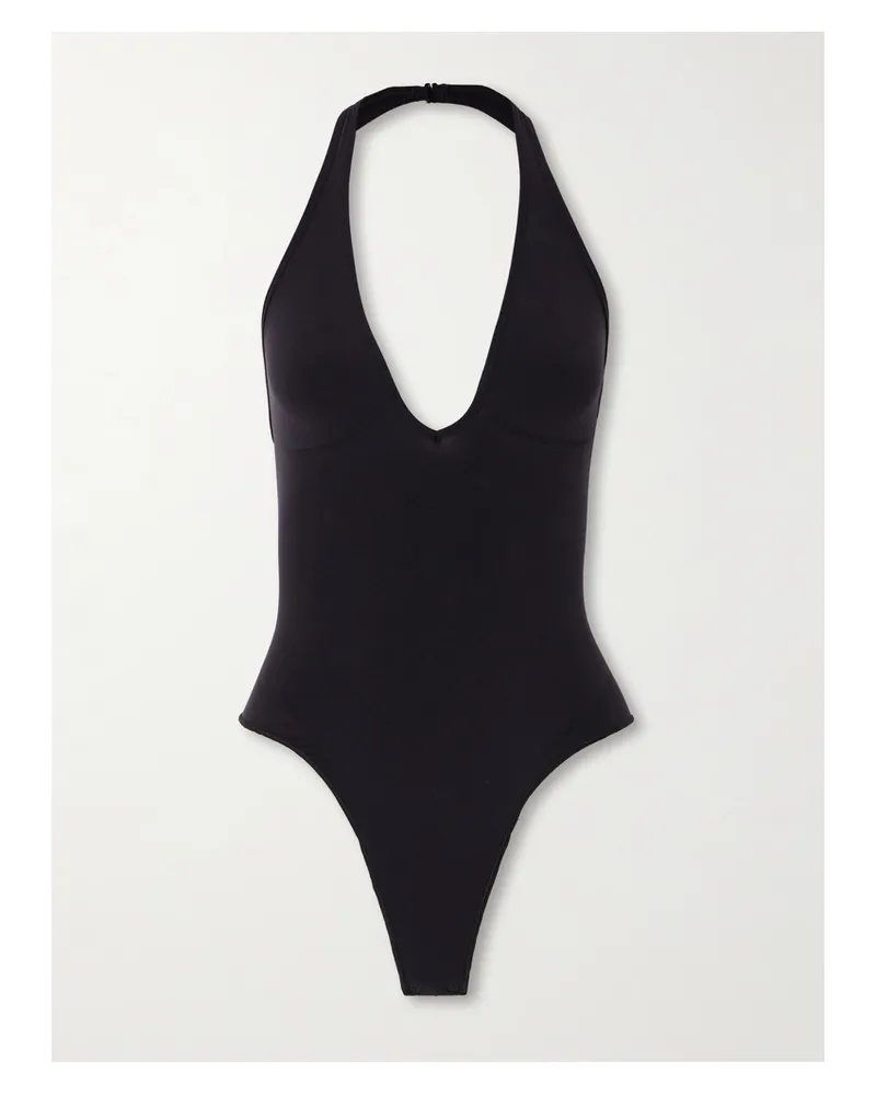 SKIMS Seamless Sculpt Deep Plunge Thong Bodysuit – Onyx – String-body Schwarz