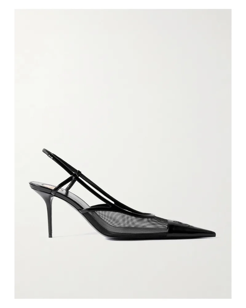 Saint Laurent Renée Embroidered Patent Leather-trimmed Mesh Slingback Pumps - Black Black