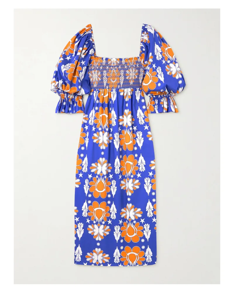 Borgo De Nor Viona Midikleid Aus Bedruckter Baumwollpopeline Mit Raffungen - Blau Blau