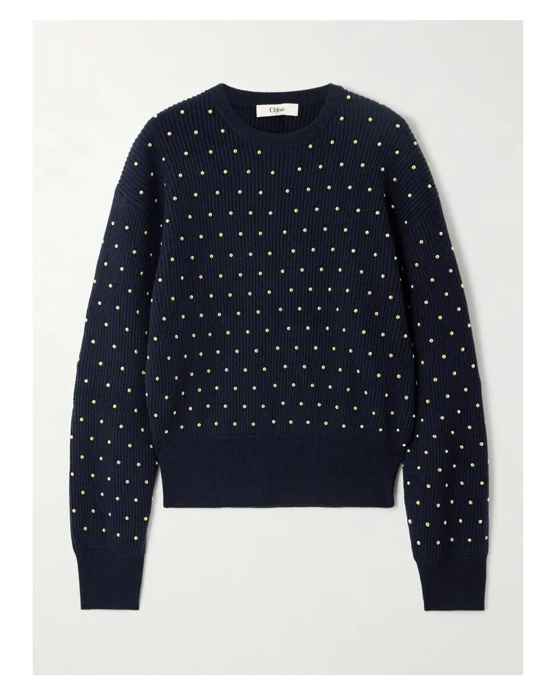 Chloé Pullover Aus Einer Gerippten Woll-kaschmirmischung Mit Nieten - Blau Blau