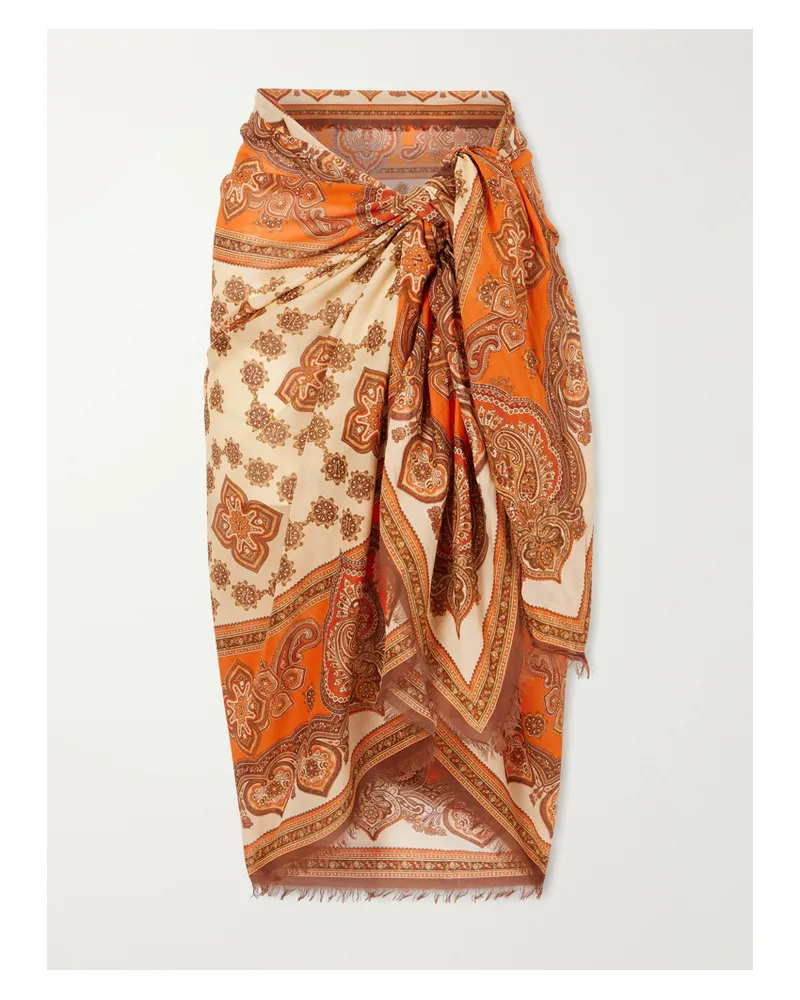 Zimmermann Frayed Printed Cotton Pareo - Orange Orange