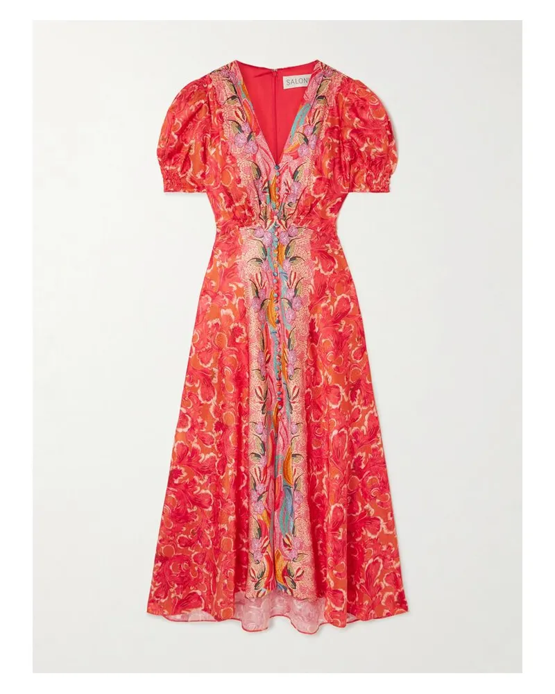 Saloni Lea Midikleid Aus Bedrucktem Seidensatin - Orange Orange