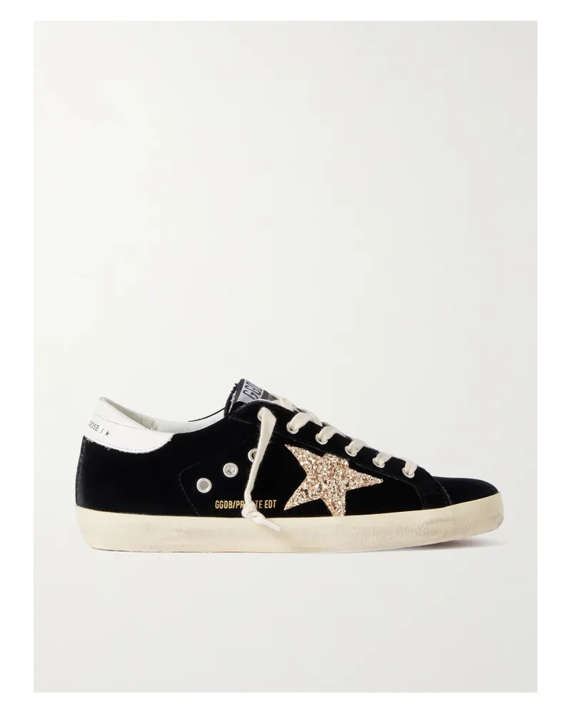 Golden Goose Super-star Sneakers Aus Samt Und Leder Mit Glitter-finish In Distressed-optik - Schwarz Schwarz