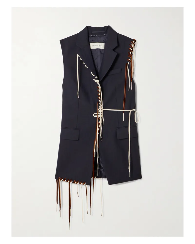 Dries van Noten Weste Aus Wolle Mit Fischgratmuster Und Ripsband- Sowie Samtbesätzen - Blau Blau