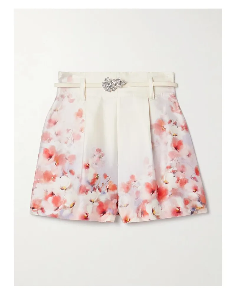 Zimmermann Crush Shorts Aus Twill Aus Einer Seiden-baumwollmischung Mit Blumenprint Und Gürtel - Creme Creme