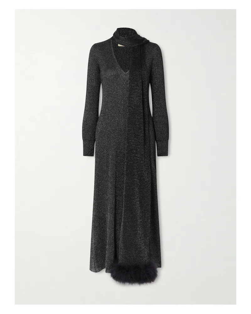 Valentino Garavani Scarf-detailed Feather-trimmed Metallic Ribbed-knit Midi Dress - Black Black