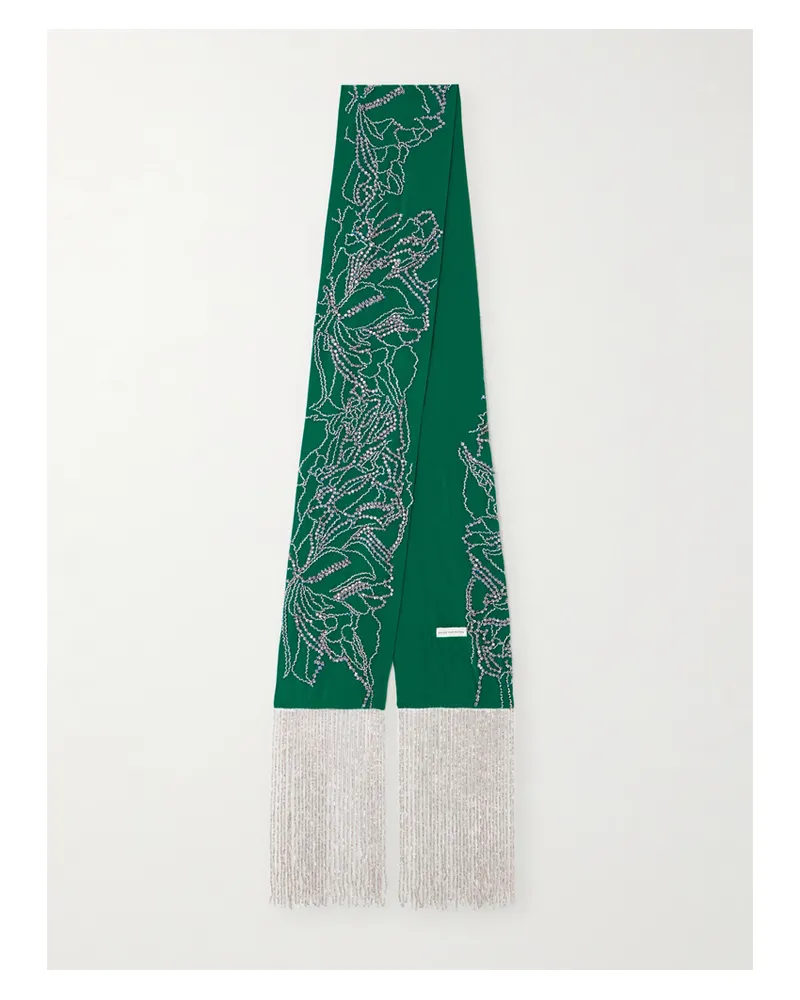 Dries van Noten Fringed Crystal-embellished Silk Scarf - Green Green