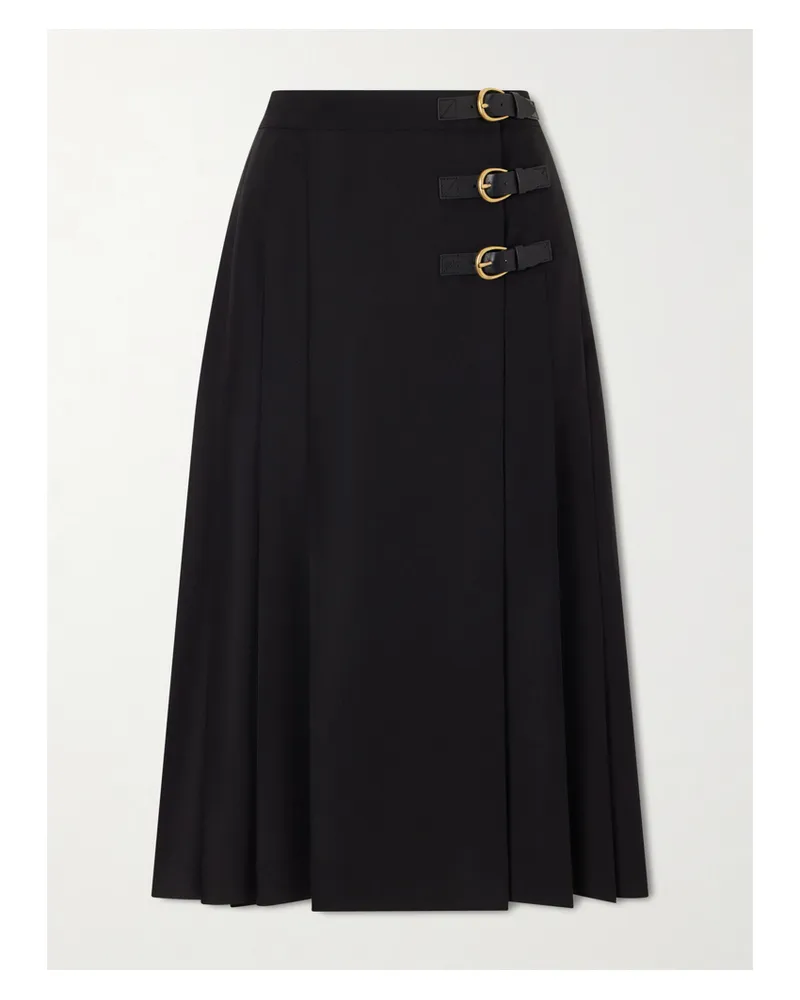 Chloé Pleated Leather-trimmed Grain De Poudre Wool Midi Skirt - Black Black