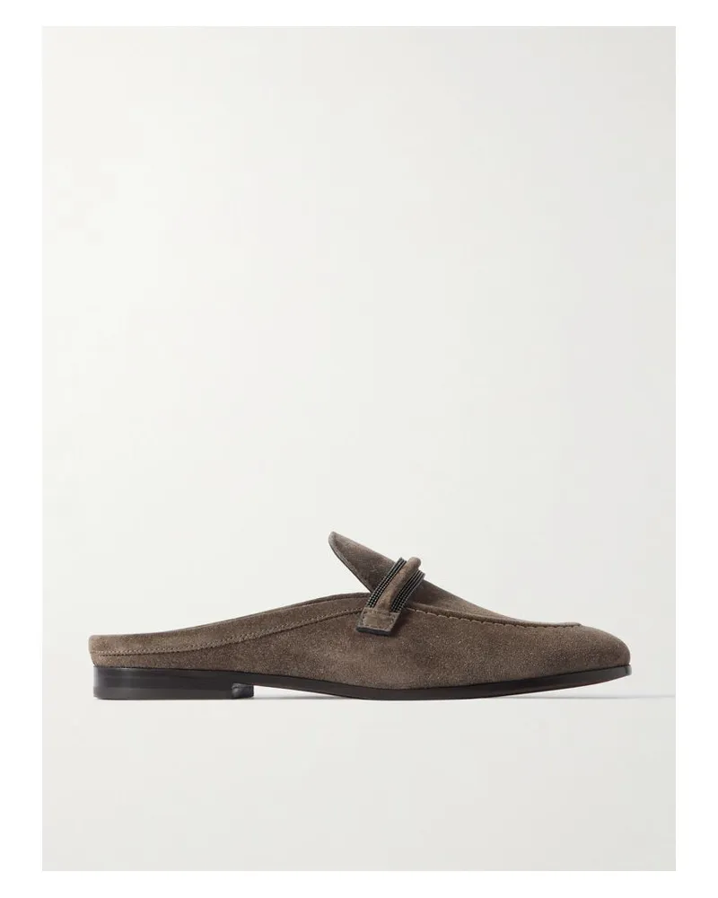 Brunello Cucinelli Slippers Aus Veloursleder Mit Zierperlen - Braun Braun