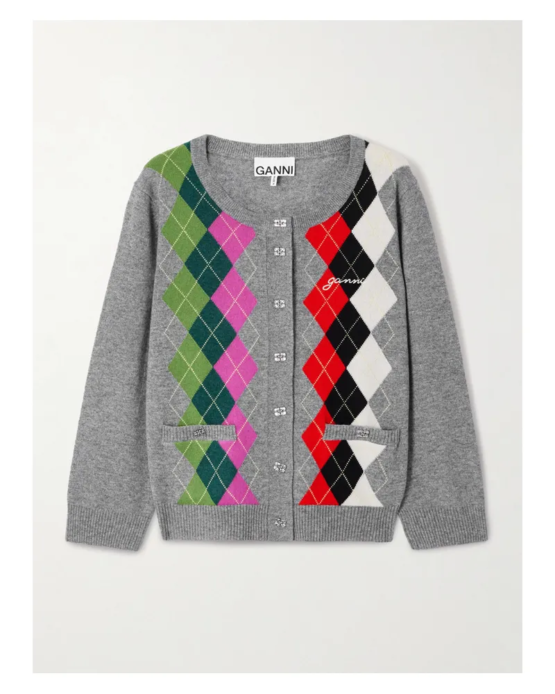 Ganni Cardigan Aus Einer Merinowoll-kaschmirmischung Mit Argyle-muster Und Logostickerei - Grau Grau