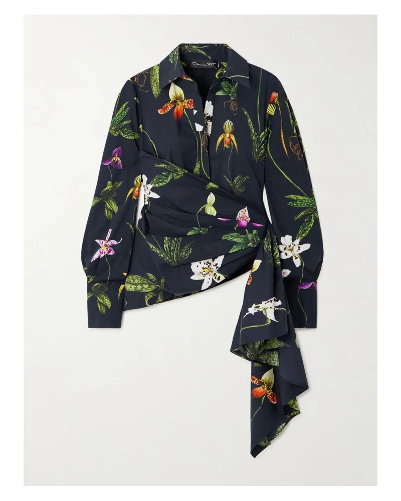 Oscar de la Renta Asymmetrisches Hemd Aus Popeline Aus Einer Baumwollmischung Mit Blumenprint - Blau Blau