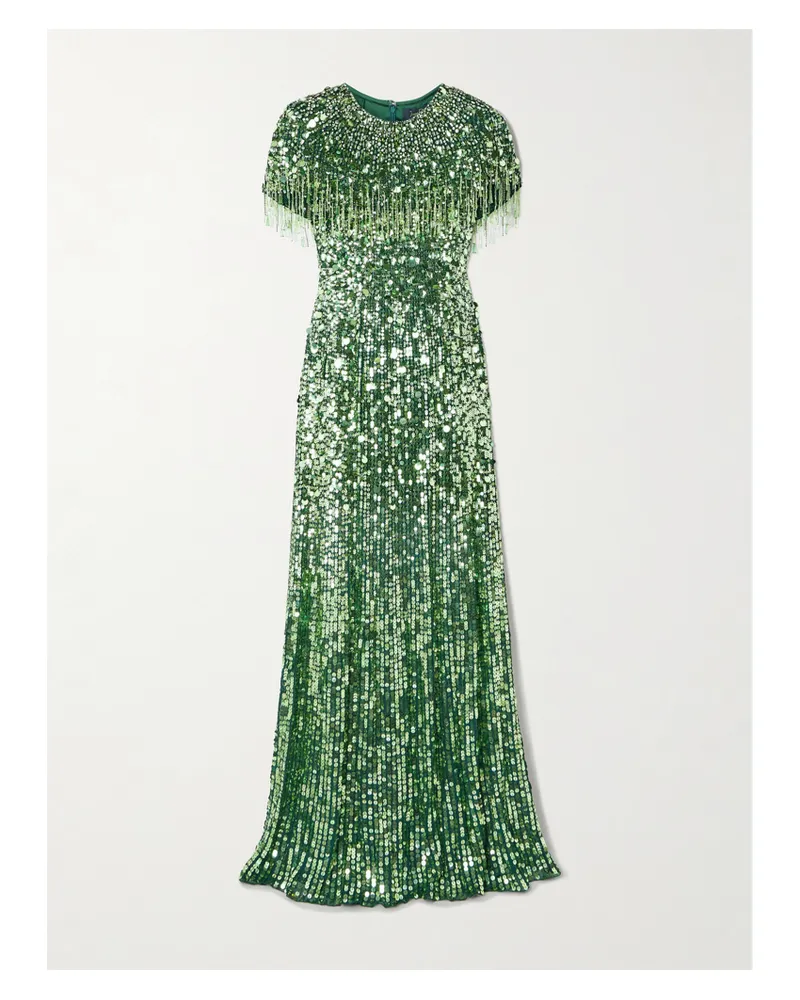 Jenny Packham Eugenie Fringed Cape-effect Embellished Satin Gown - Green Green