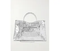 Le City Medium Metallic Textured-leather Tote - Silver