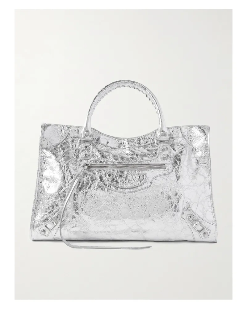 Balenciaga Le City Medium Metallic Textured-leather Tote - Silver Silver