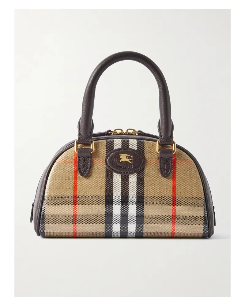 Burberry Mini Leather-trimmed Checked Coated-canvas Tote - Neutrals Neutrals