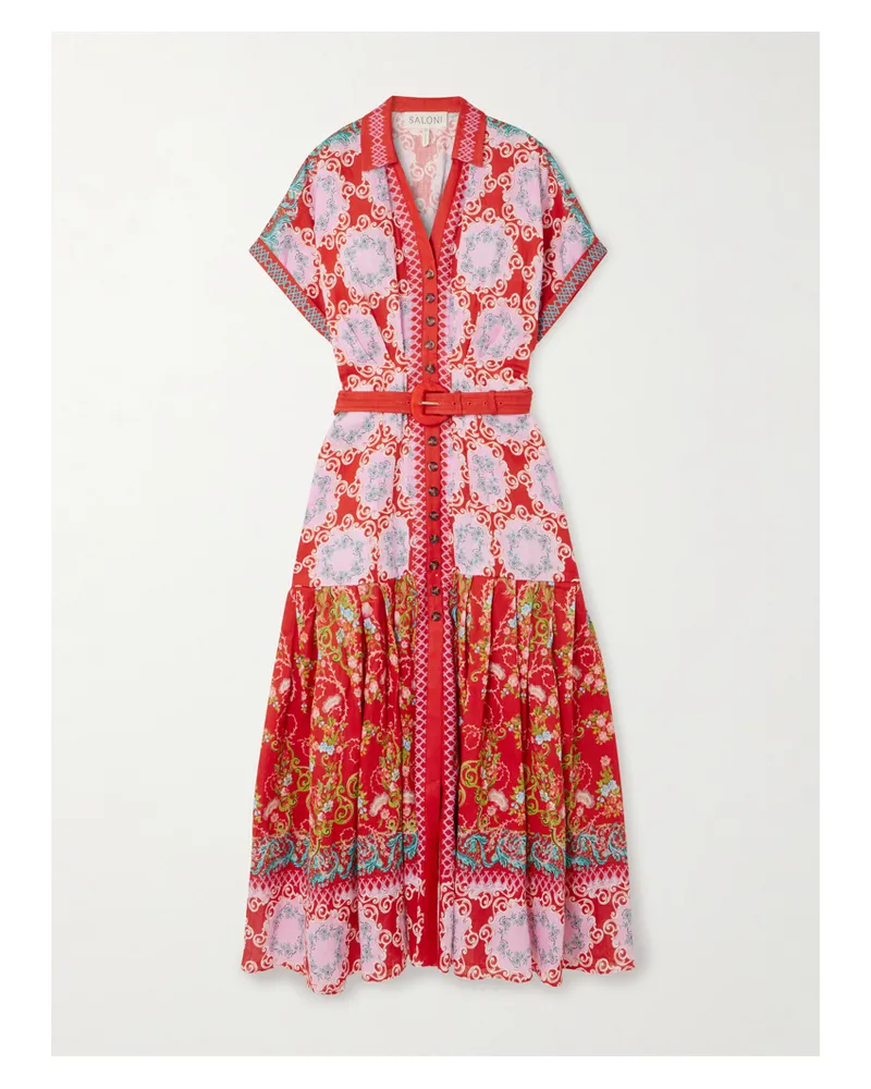 Saloni Riya Hemdblusenkleid Aus Leinen-voile Mit Blumenprint, Falten Und Gürtel - Rot Rot