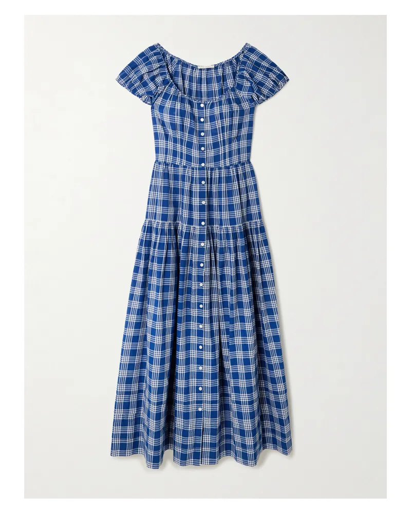 DÔEN Valenne Tiered Checked Organic Cotton Midi Dress - Blue Blue
