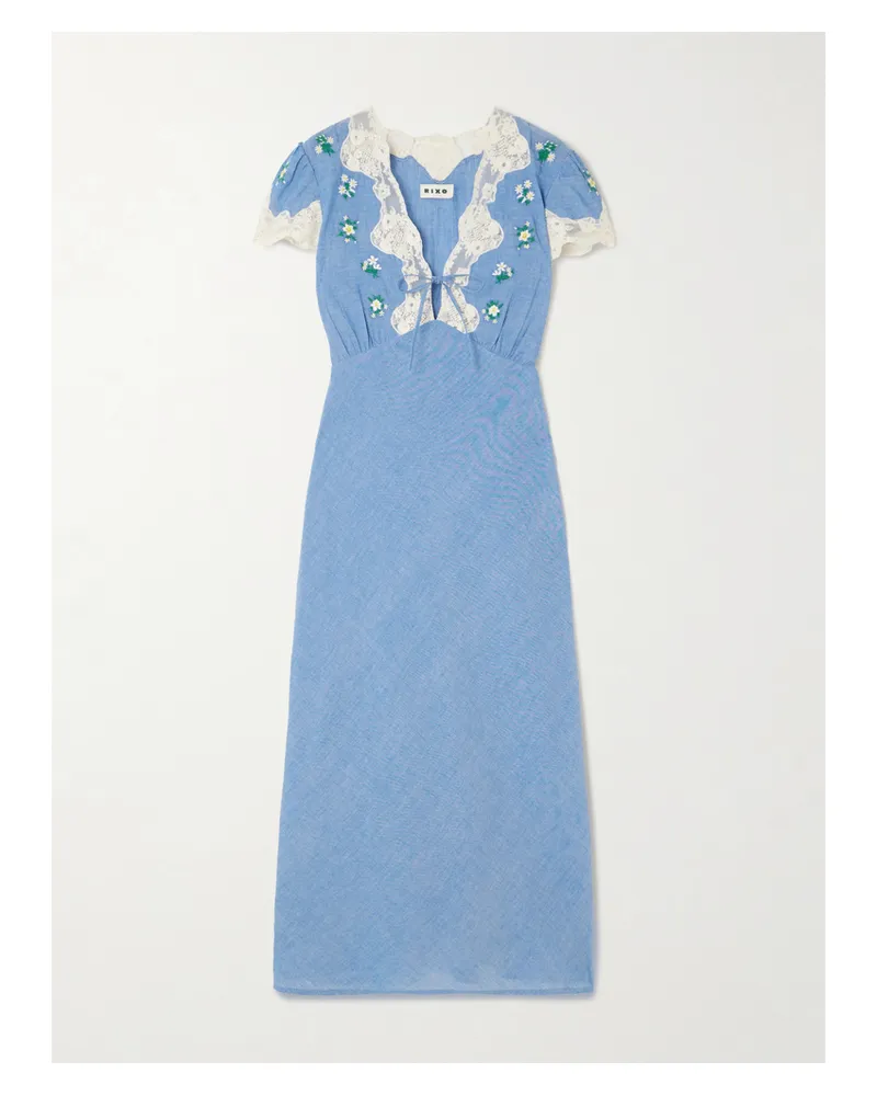 RIXO Amari Lace-trimmed Embroidered Cotton-chambray Midi Dress - Blue Blue