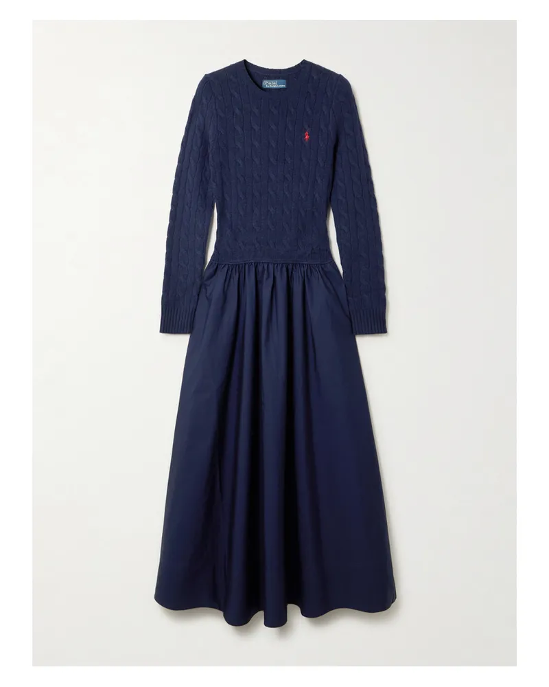 Ralph Lauren Embroidered Cable-knit Wool-blend And Cotton-poplin Maxi Dress - Blue Blue