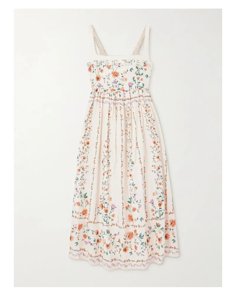 AGUA BENDITA Barbara Midikleid Aus Leinen Mit Blumenprint, Zierperlen Und Falten - Weiß Weiß