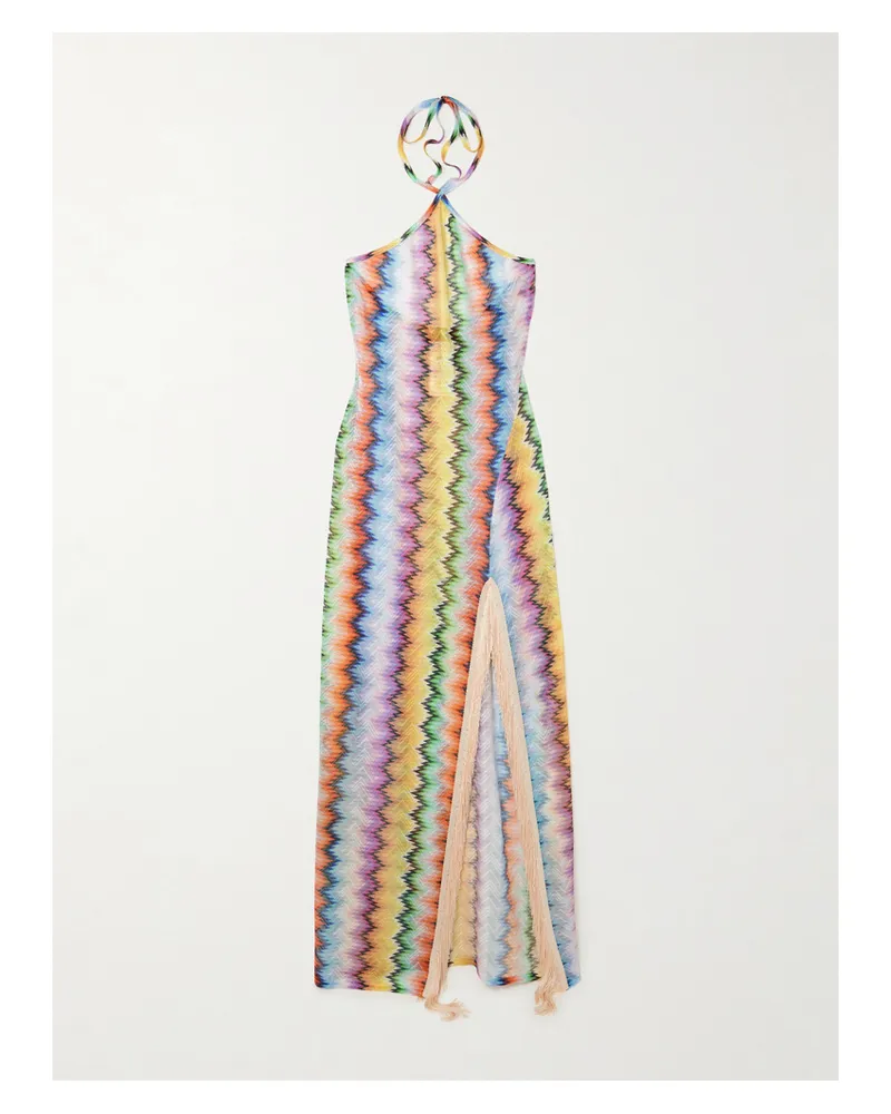 Missoni Neckholder-maxikleid Aus Gestreiftem Häkelstrick Mit Fransen - Mehrfarbig Mehrfarbig