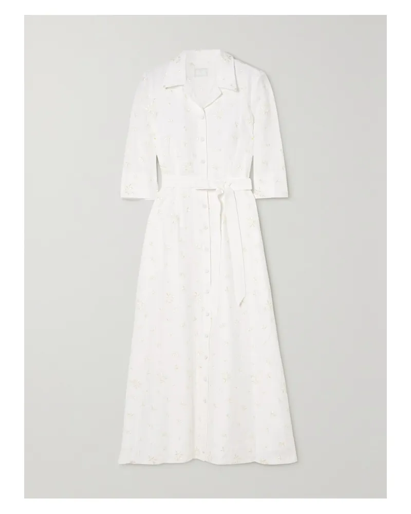 Erdem Kasia Midi-hemdblusenkleid Aus Leinen Mit Stickereien Und Gürtel - Elfenbein Elfenbein