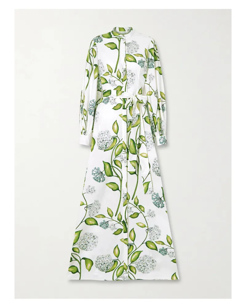 Oscar de la Renta Belted Floral-print Cotton-poplin Dress - White White