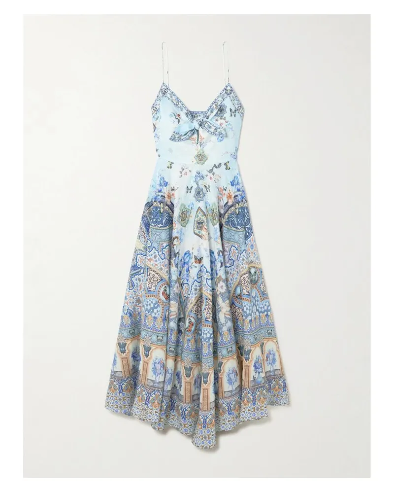 Camilla Midikleid Aus Bedrucktem Leinen Mit Knoten Und Kristallen - Blau Blau