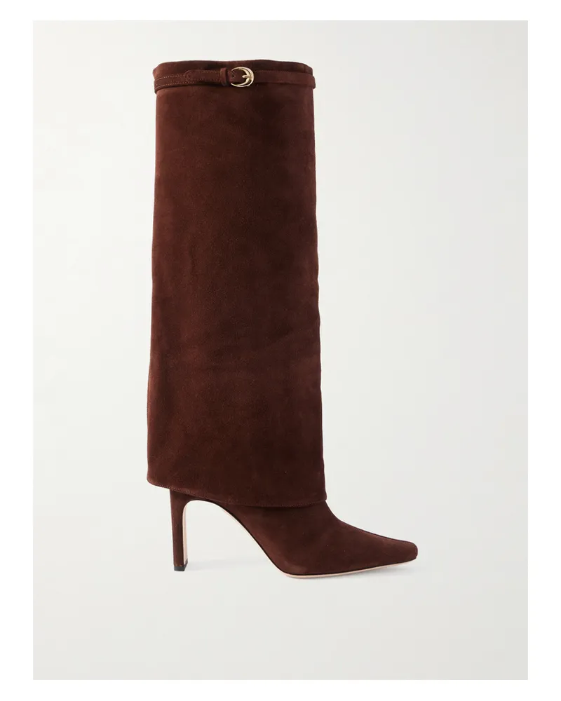 STAUD Wally Buckled Suede Knee Boots - Brown Brown