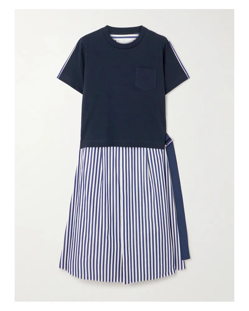 Sacai Belted Striped Cotton-poplin And Jersey Midi Dress - Blue Blue