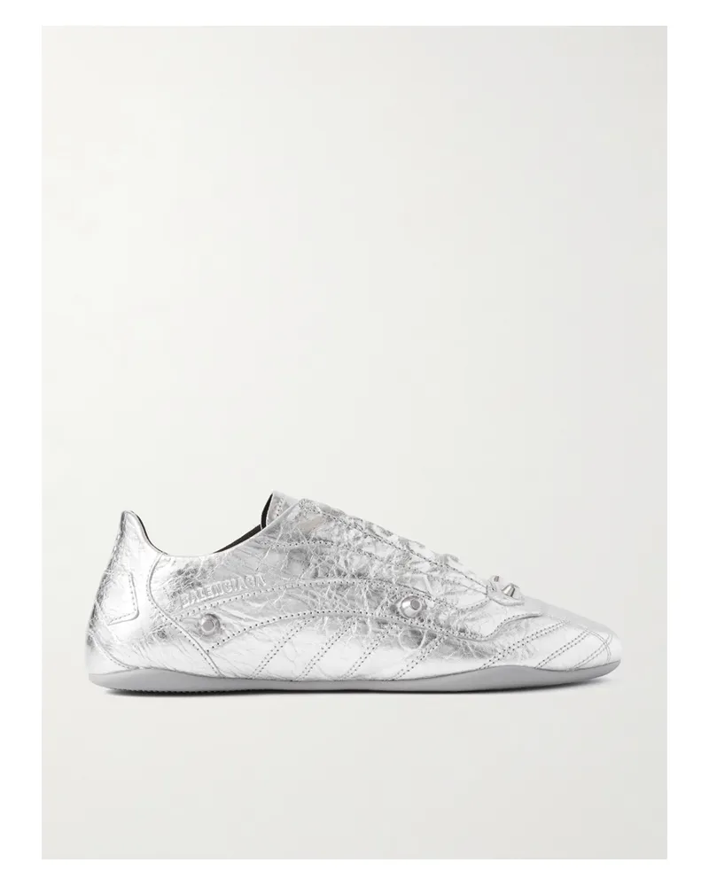 Balenciaga City Studded Metallic Crinkled-leather Sneakers - Silver Silver