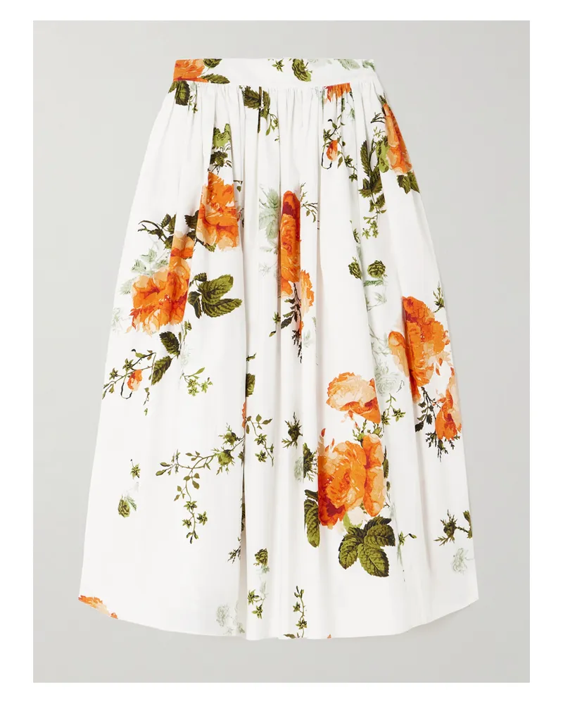 Erdem Midirock Aus Baumwollpopeline Mit Blumenprint Und Raffungen - Weiß Weiß