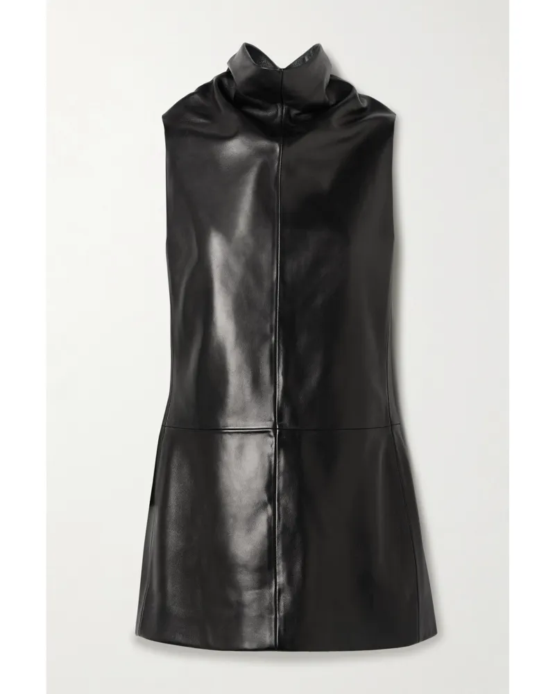KHAITE Daria Leather Turtleneck Mini Dress - Black Black
