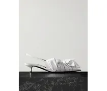 Striped Poplin-trimmed Leather Slingback Pumps - White